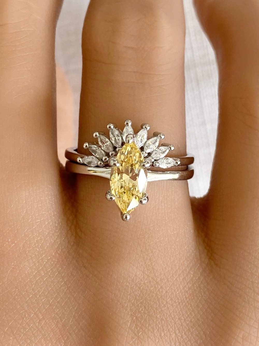 Marquise Cut Canary Yellow CZ 2pc Sterling Silver Women’s Stacked Band Ring Set